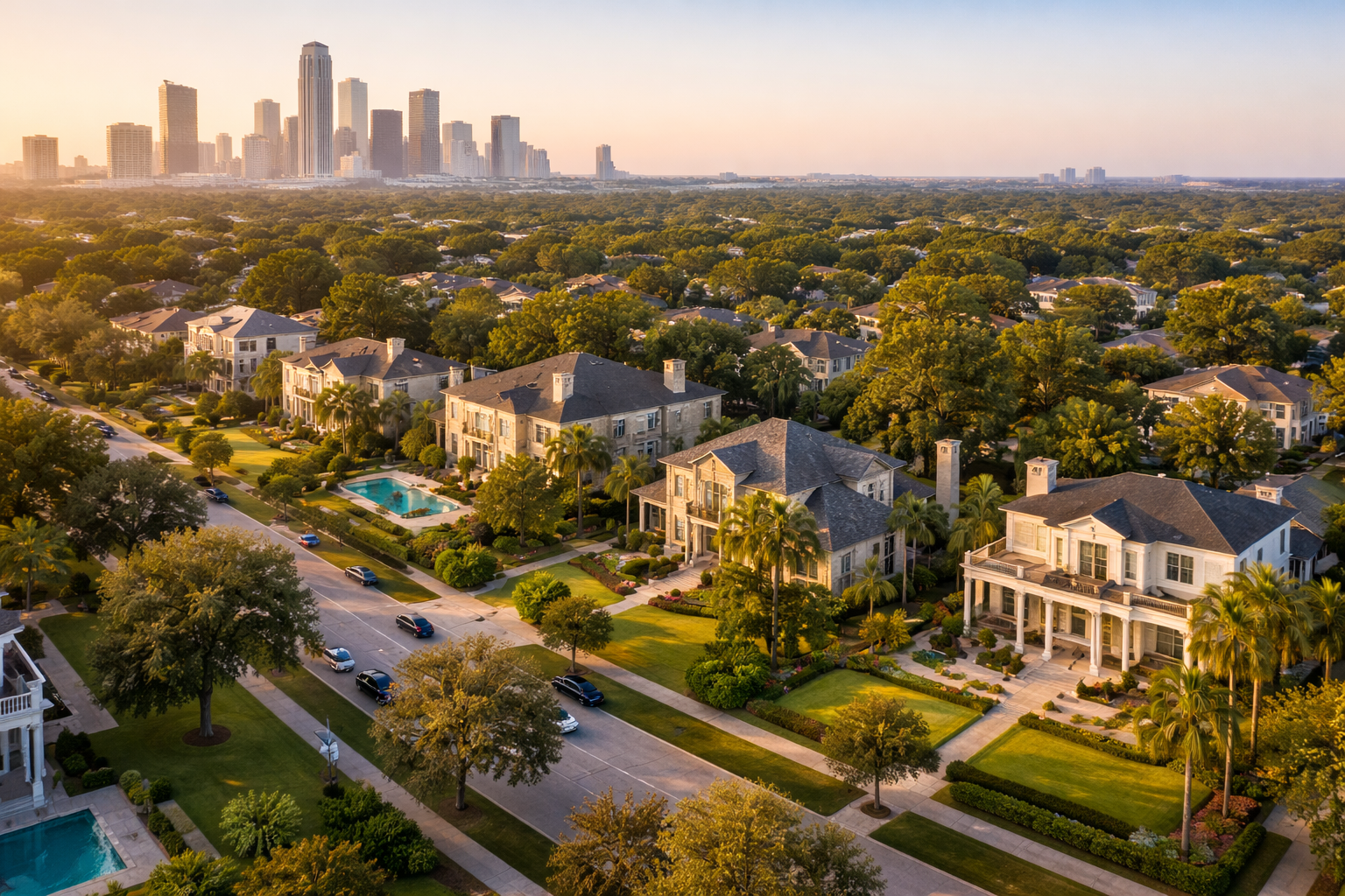 The Heights, TX Houston luxury homes for sale, golden hour aerial real estate view