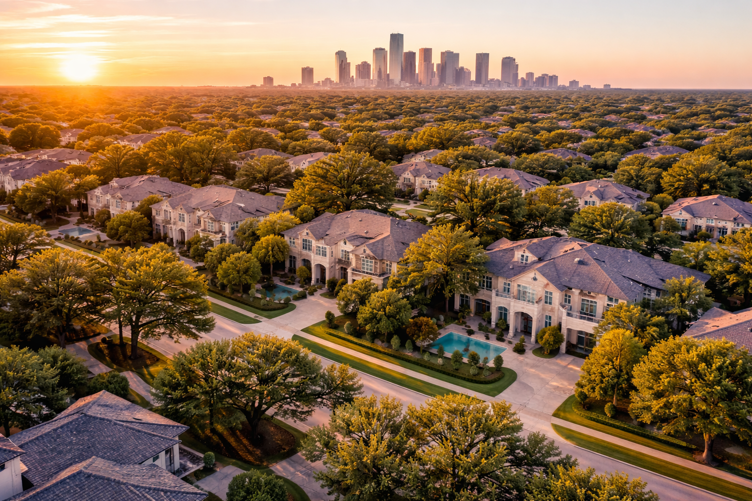 Woodland Heights, TX Houston luxury homes for sale at sunset with oak-lined streets