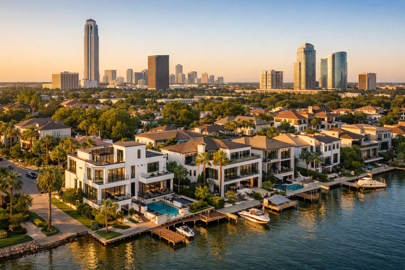 Upper Kirby, TX Houston waterfront homes for sale at golden hour aerial view