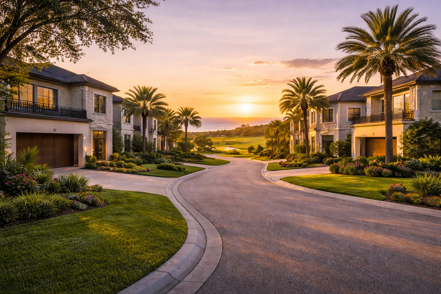 Sunset street view of contemporary homes in Midtown, TX – explore Midtown Houston real estate and homes for sale