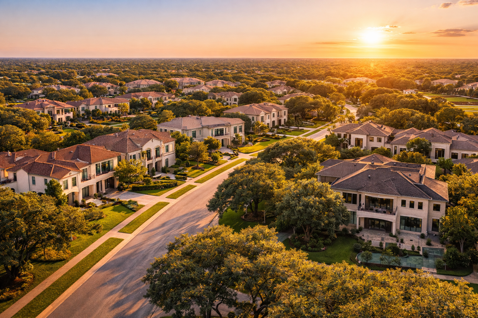Golden hour aerial of Rice Military, TX,Houston luxury homes for sale and real estate