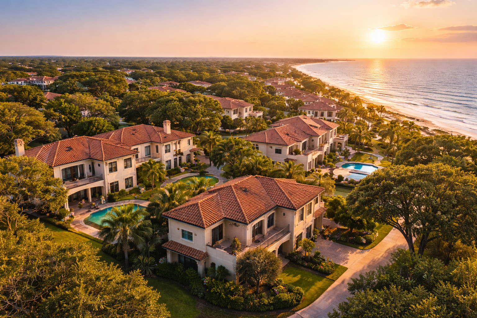 Southside Place, TX luxury Mediterranean homes for sale with ocean views at sunset