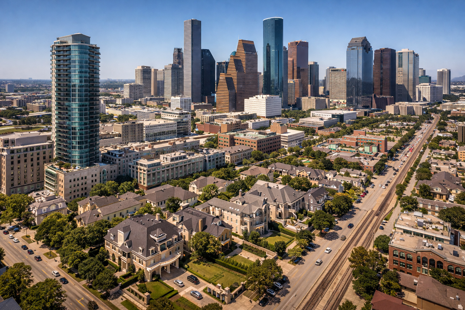 Downtown, TX, Houston real estate with luxury high-rises and homes for sale along the Theater District corridor.