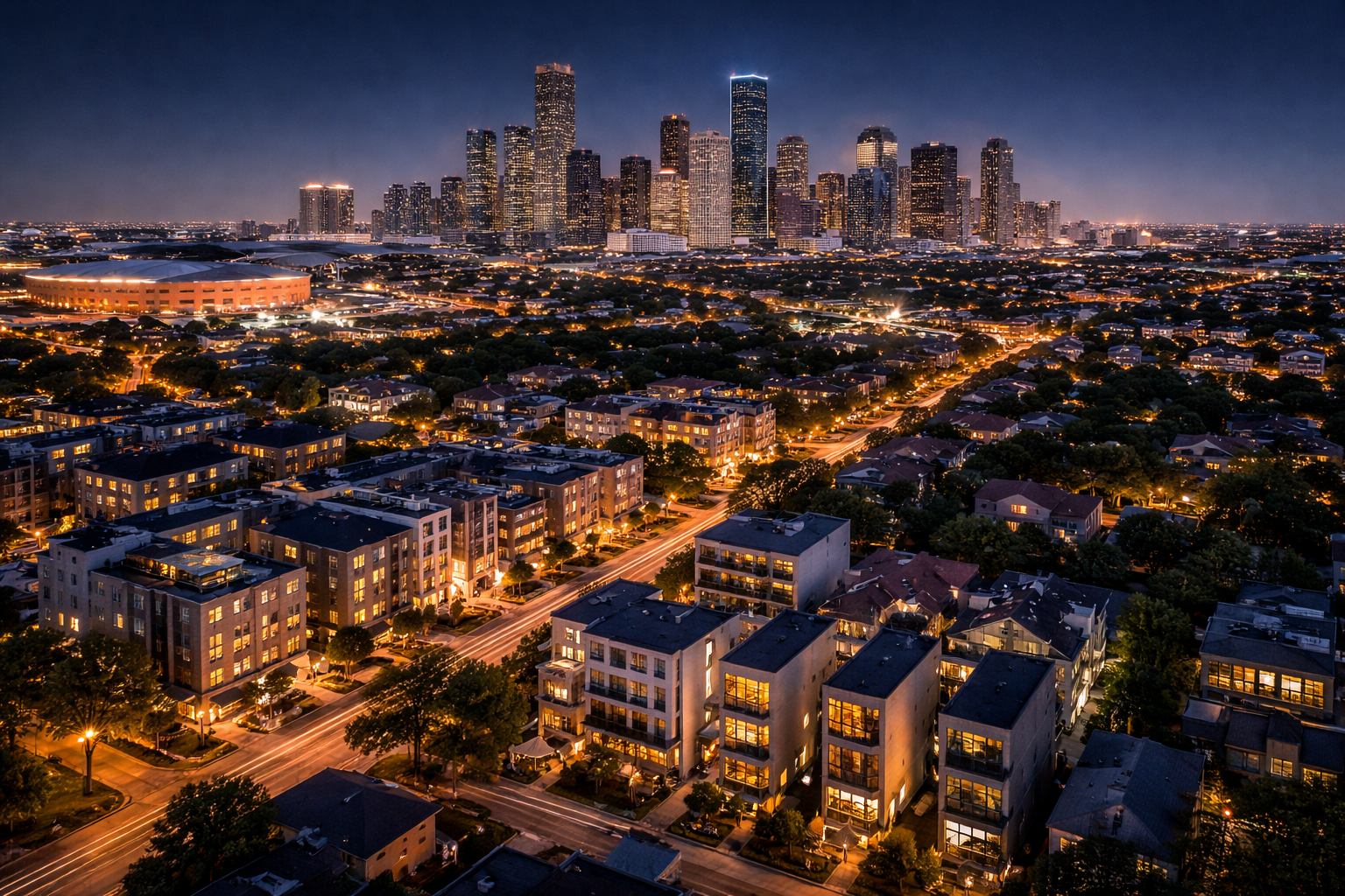 EaDo, TX Houston real estate with modern lofts and skyline night views