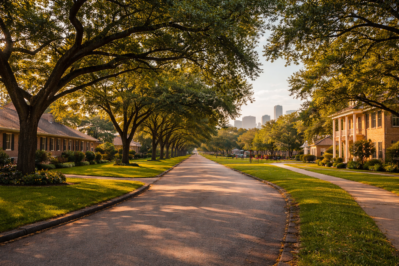 Braeswood Place, TX Houston real estate with classic homes and oak-lined streets at golden hour