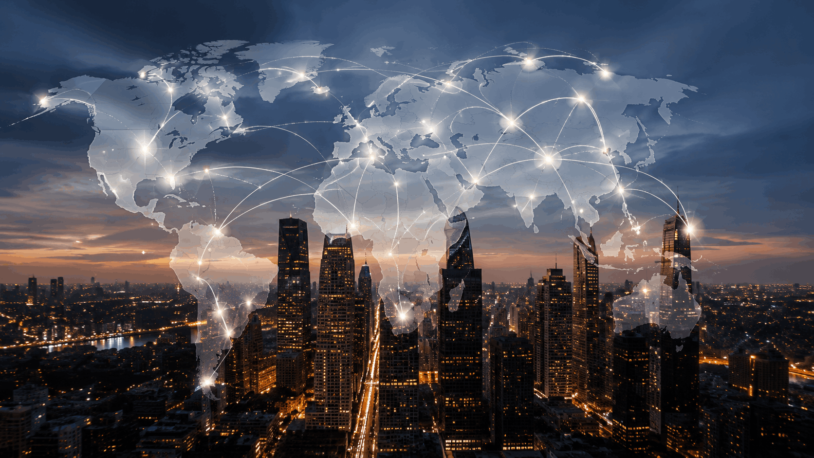 Global connections displayed across an international city skyline