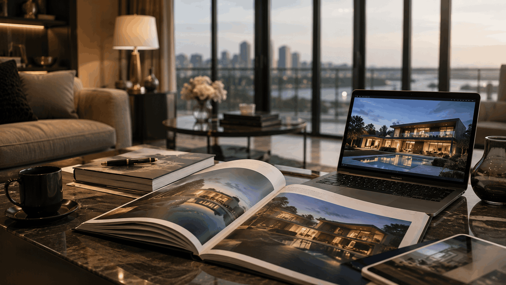 Luxury real estate marketing materials displayed in a sophisticated residential setting