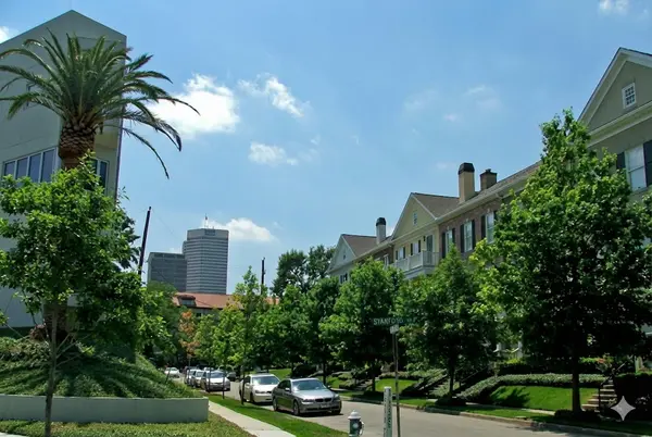 Sunny, tree-lined residential street view in the Montrose neighborhood of Houston, Texas. Features a modern building with a palm tree on the left, traditional brick townhomes on the right, and the downtown Houston skyline visible in the distant background.