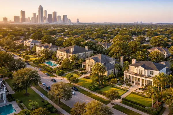 The Heights, TX Houston luxury homes for sale, golden hour aerial real estate view