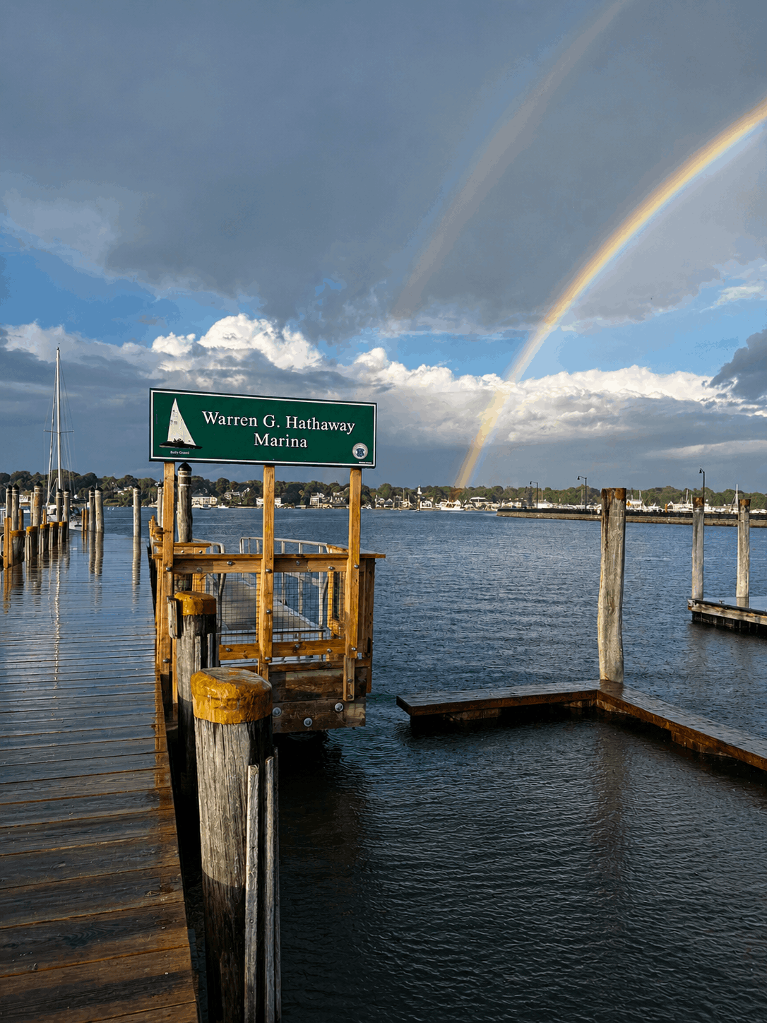 Rainbow over Padanaram Harbor seen from the Warren G. Hathaway Marina dock