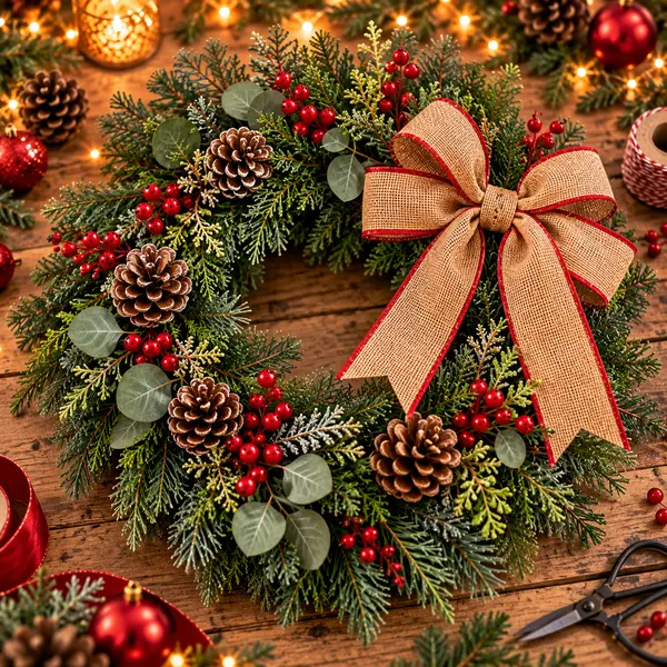 Rustic Christmas Wreath Crafting Scene