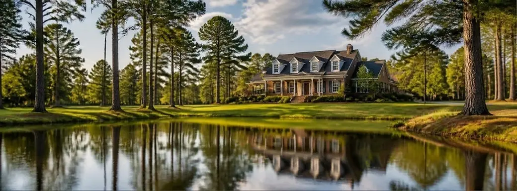Southern brick home among pine trees beside a pond in Central Mississippi