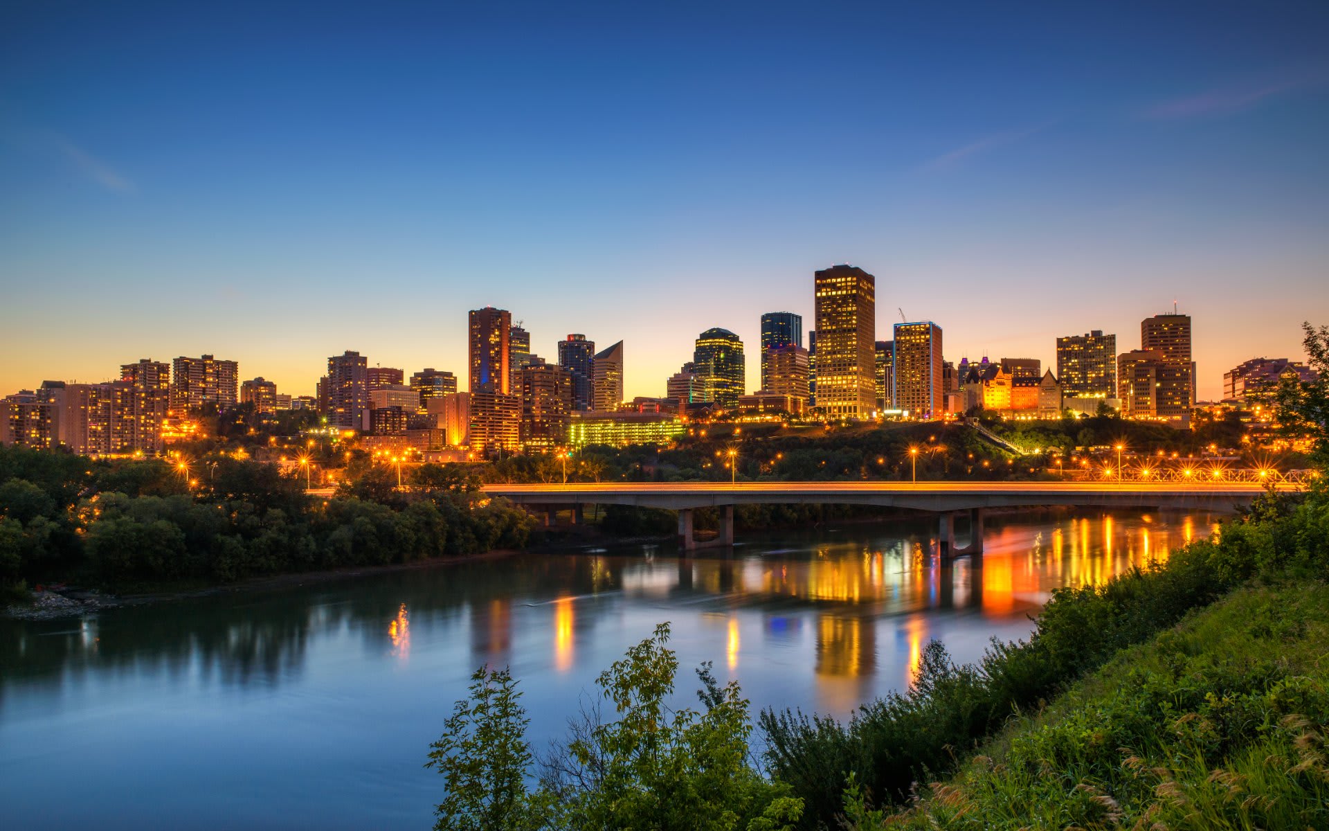 Edmonton cityscape with buildings and a river