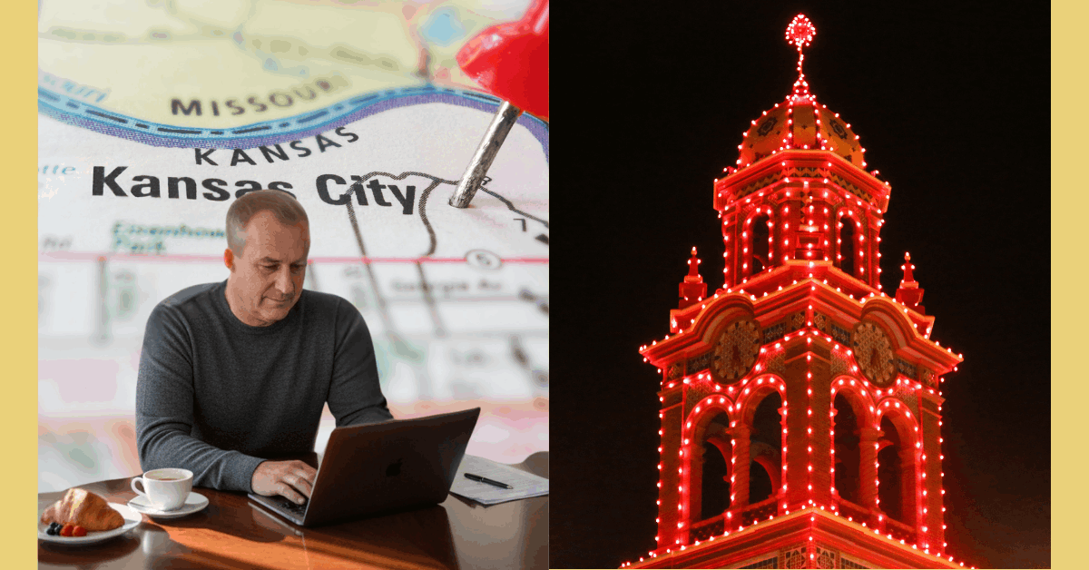 Kansas City Real Estate Agent Christopher Munkel analyzing the local market with a map, alongside an image of the KC Plaza holiday lights.