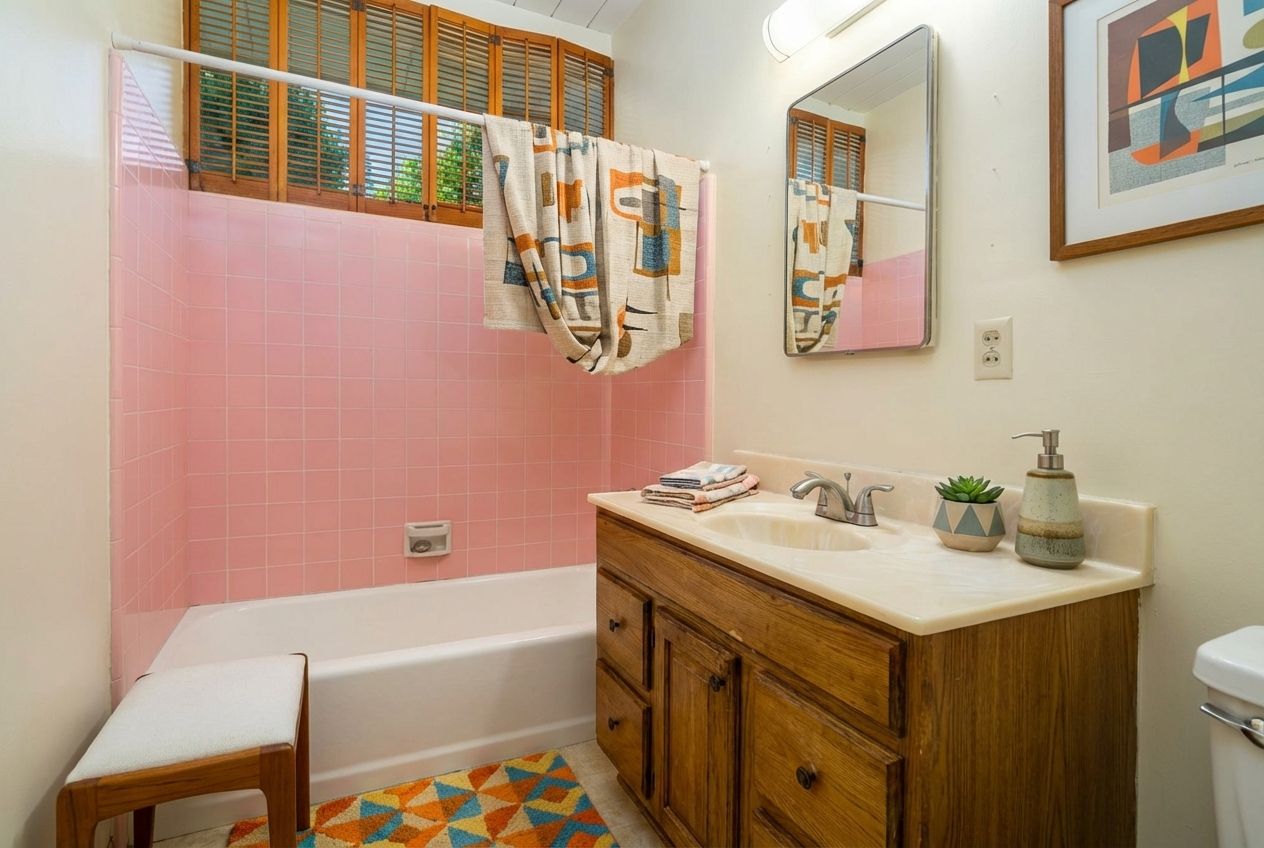 Original preserved pink tile bathroom in a 1958 Meiselman mid-century modern home, Palm Springs, California, sold by Brad Schmett Real Estate Group.