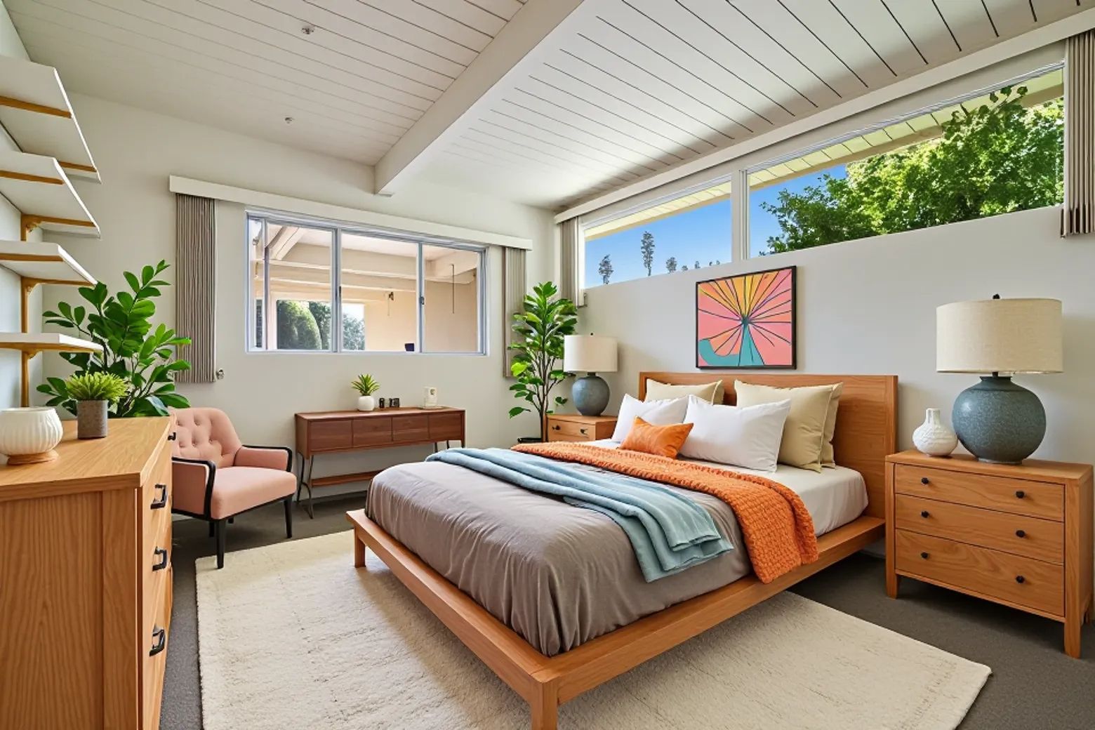 Authentic 1958 Meiselman mid-century modern bedroom featuring classic clerestory windows in Palm Springs, California, listed by Brad Schmett Real Estate Group.