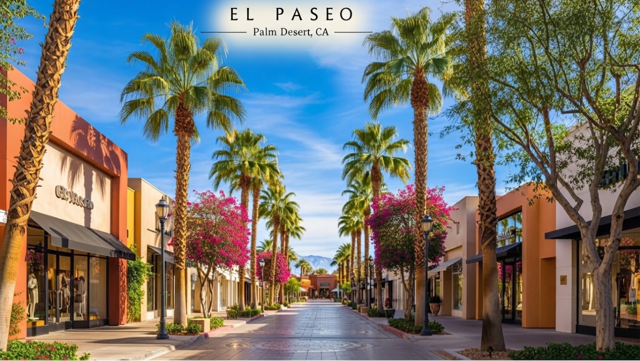 El Paseo in Palm Desert lined with palm trees, luxury shops and colorful desert landscaping