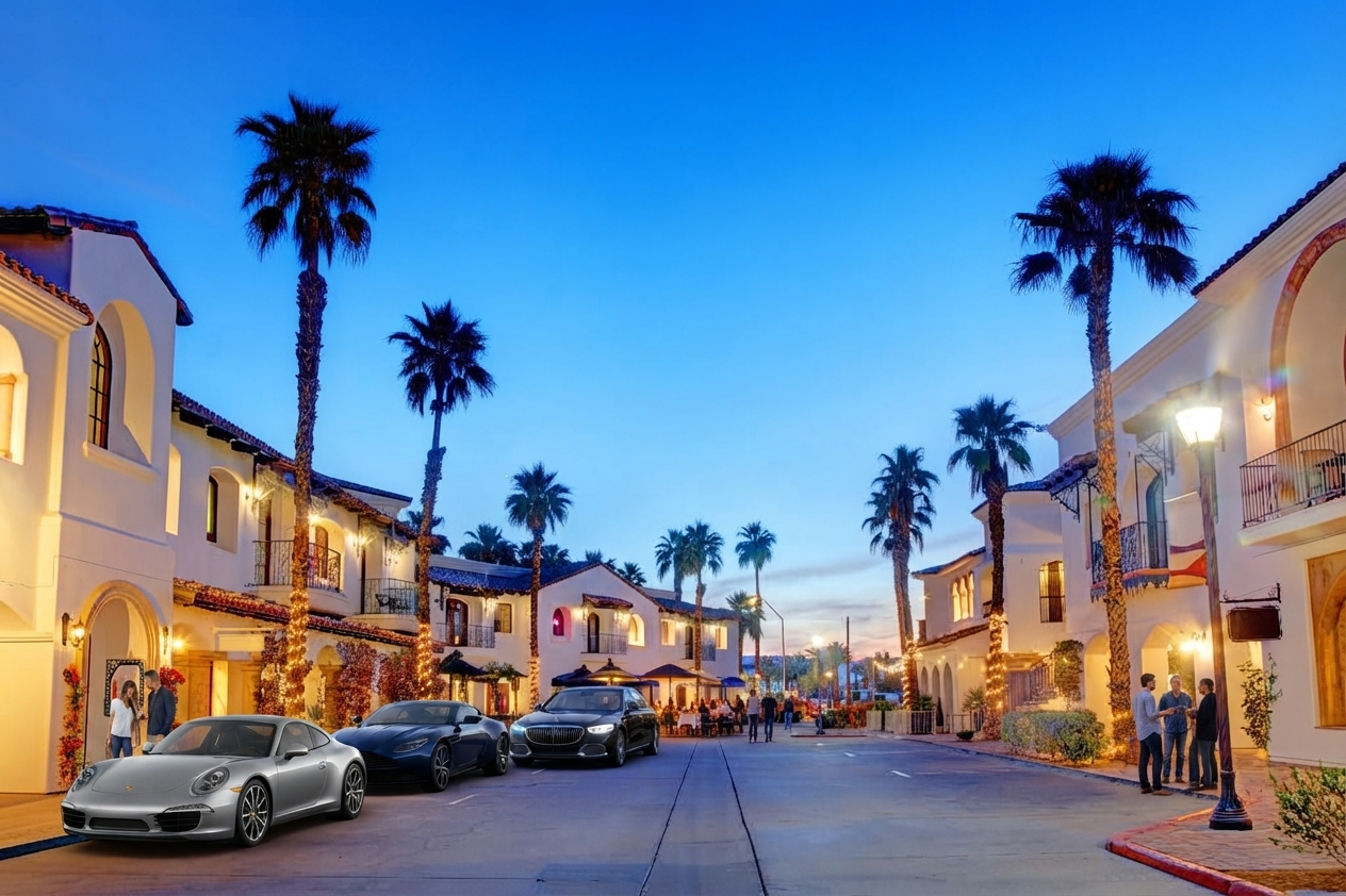 Old Town La Quinta Main Street at dusk with Spanish-style architecture, palm trees, shops and restaurants