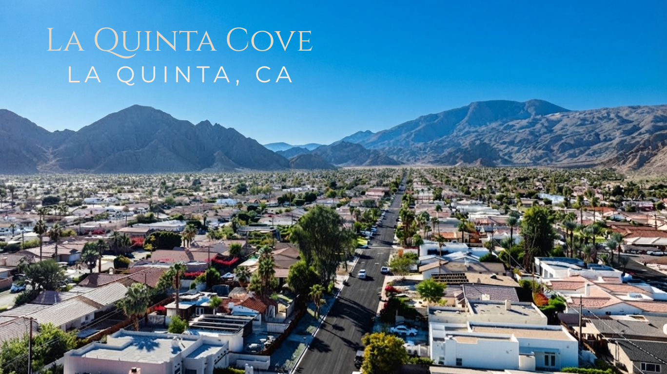 Aerial view of La Quinta Cove homes surrounded by the Santa Rosa Mountains in La Quinta, California