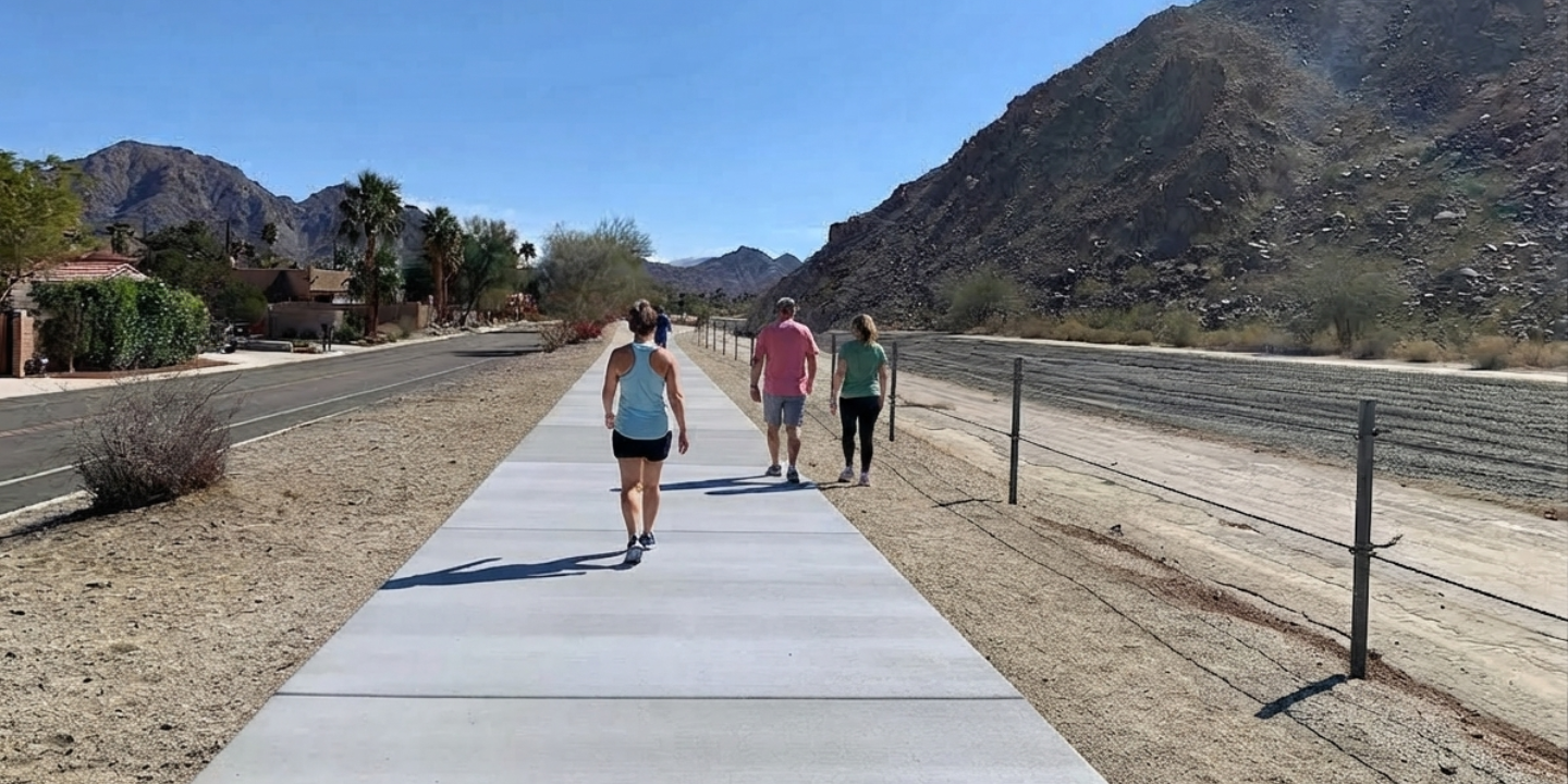 People walking along Bear Creek Trail beside the mountains and homes of La Quinta Cove