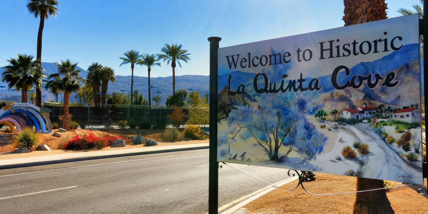 Welcome to Historic La Quinta Cove sign with palm trees and Santa Rosa Mountains in La Quinta