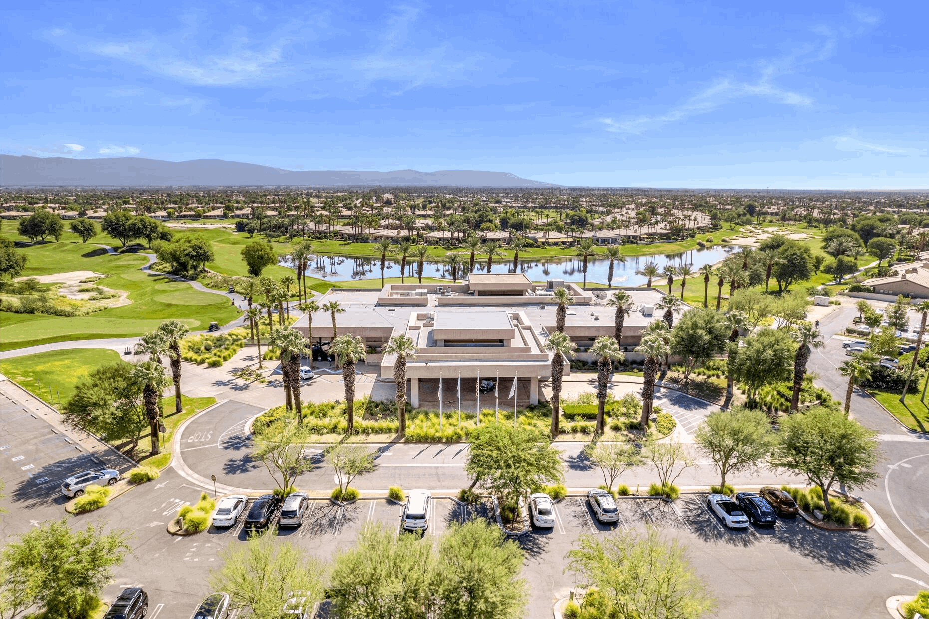 Aerial view of the Palmer Private Clubhouse and golf course at PGA WEST in La Quinta