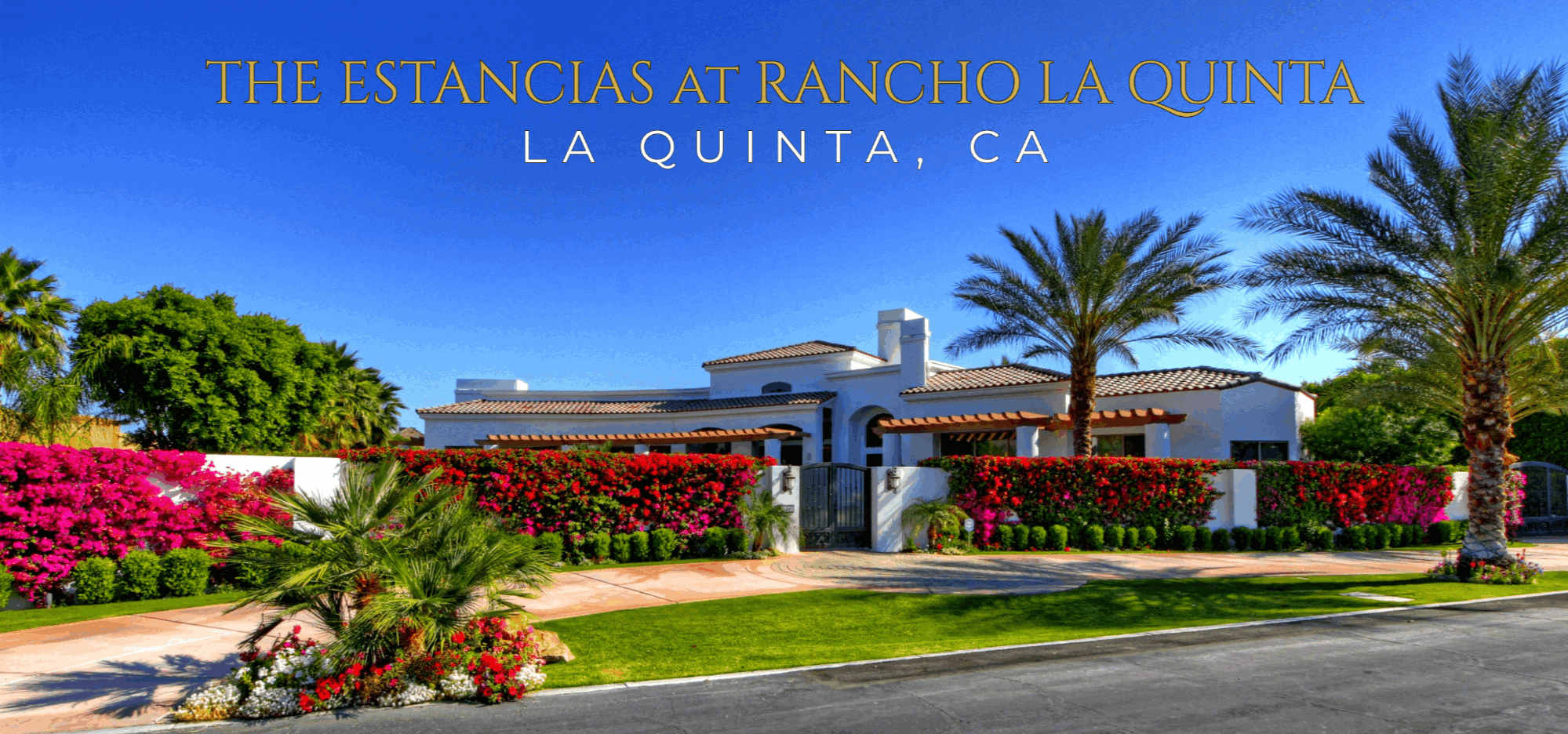 Luxury estate home at The Estancias at Rancho La Quinta with palm trees and mountain views in La Quinta, California