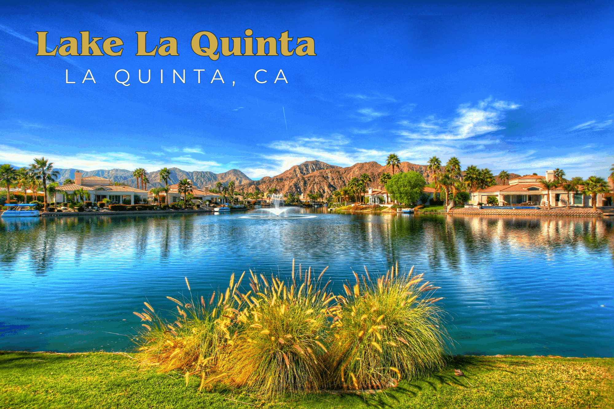 Lake La Quinta waterfront homes with lake, fountain and mountain views in La Quinta, California