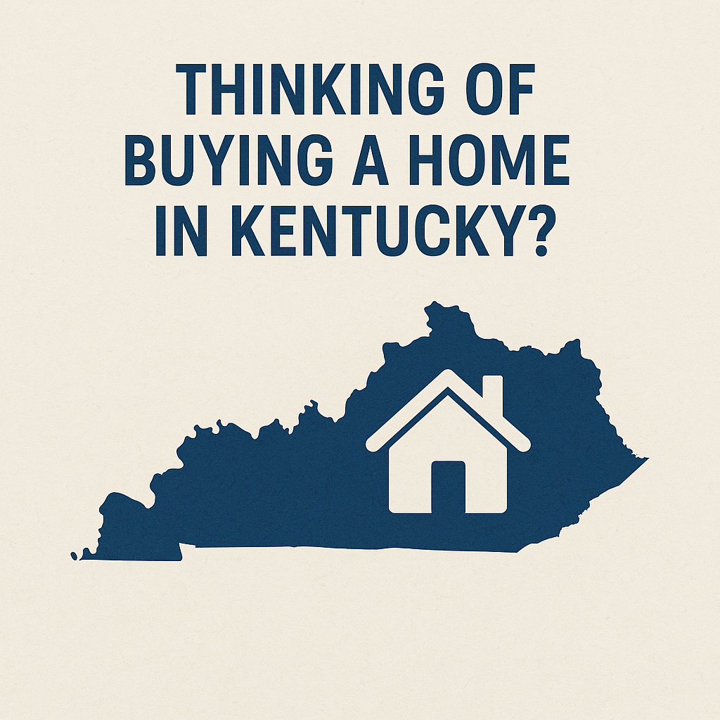 Silhouette of the state of Kentucky with a house icon in the center and text reading 'Thinking of Buying a Home in Kentucky?' – promoting local home buying with Williams Elite Realty.