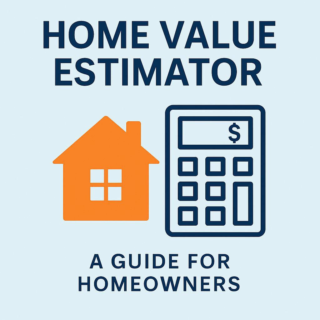 Home Value Estimator graphic showing house icon and calculator, designed for blog post about how to estimate home value, free home appraisal tools, and property worth calculators for homeowners in Kentucky