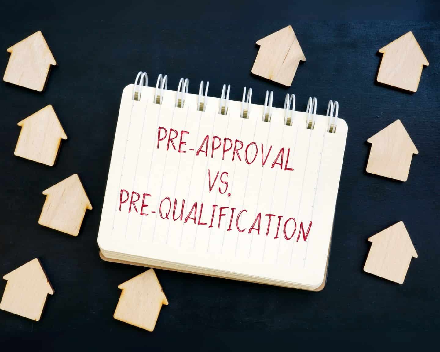 Notebook with text Pre-Approval vs. Pre-Qualification surrounded by wooden house icons, illustrating the difference between mortgage pre-approval and pre-qualification for Kentucky home buyers.