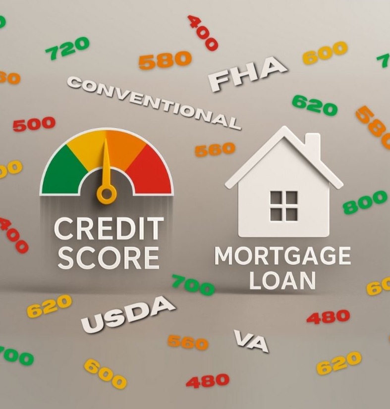 Credit score gauge and mortgage loan house icon with FHA, USDA, VA, and Conventional loan labels, surrounded by credit score numbers ranging from 400 to 800.