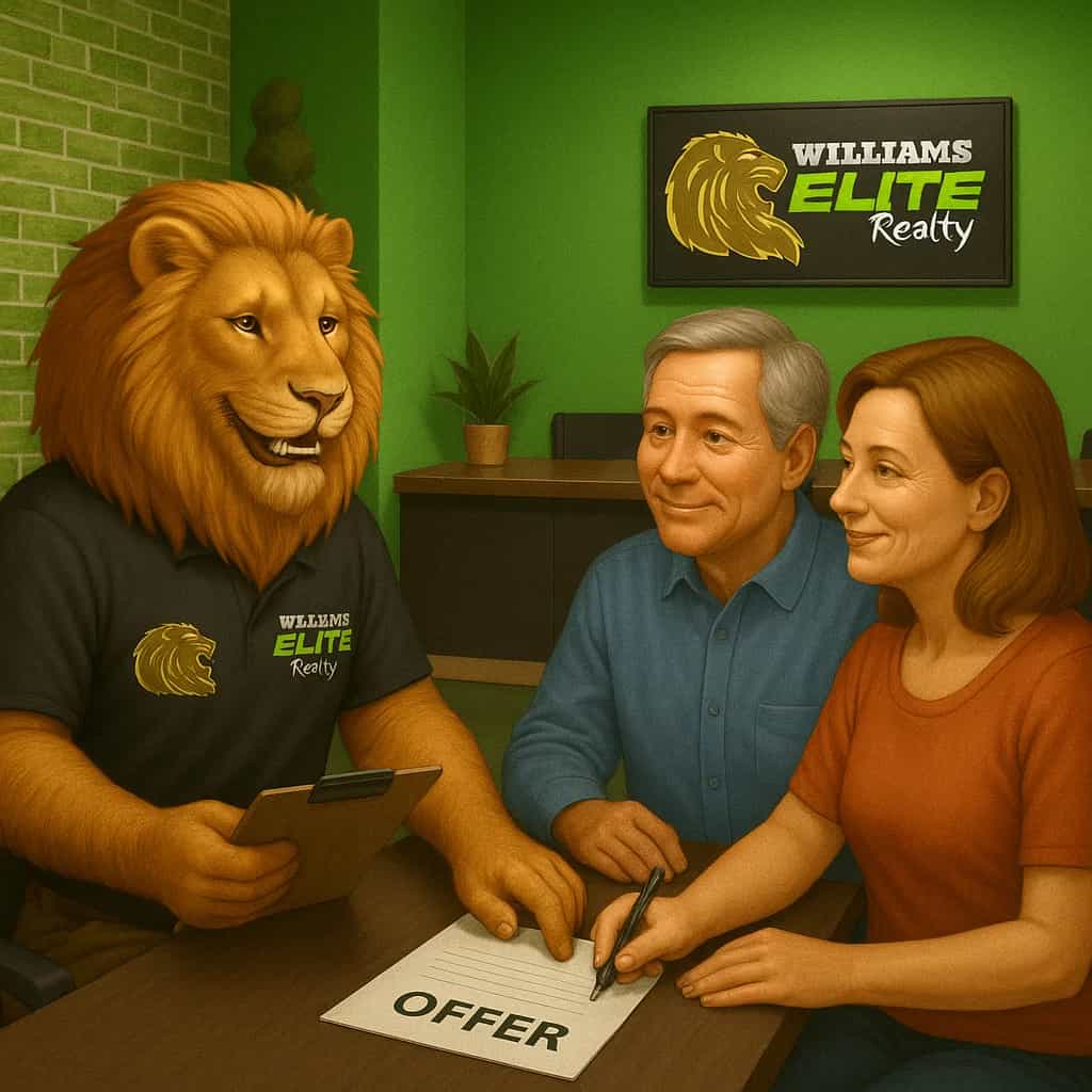 Illustration of a Williams Elite Realty lion acting as a buyer’s agent, guiding a couple as they sign an offer document during the home buying process in Kentucky.