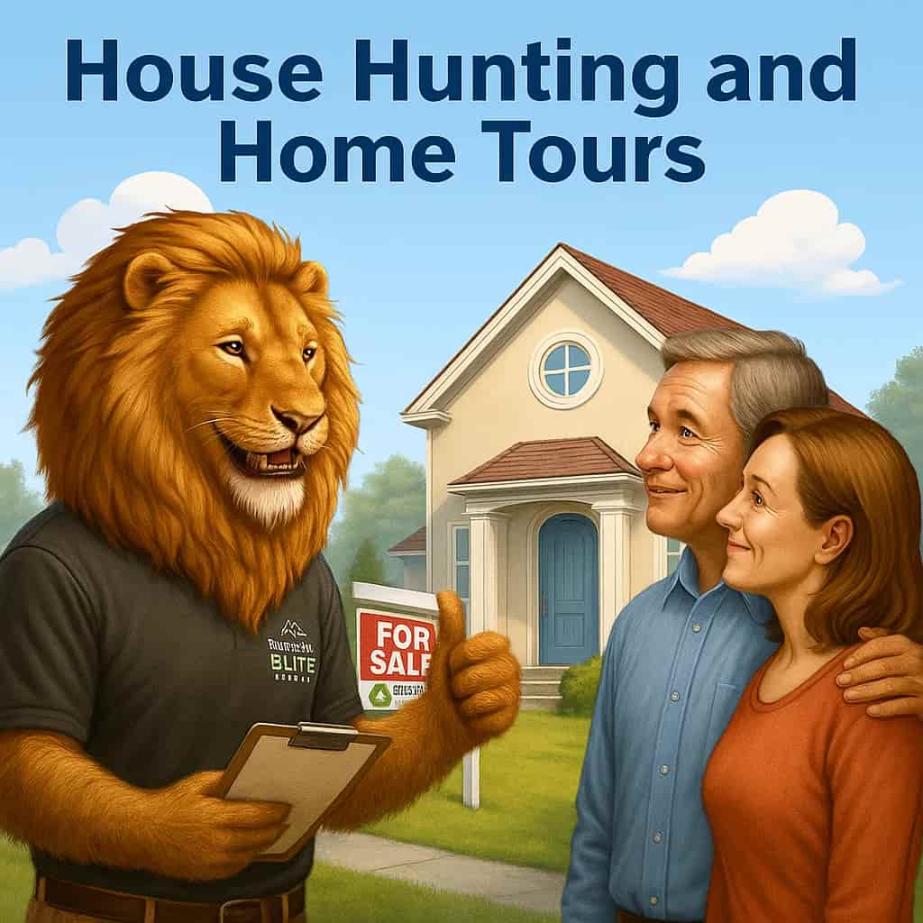 Illustration of a Williams Elite Realty lion mascot acting as a buyer’s agent, guiding a couple during a house hunting and home tour in Kentucky with a For Sale sign in front of a home.