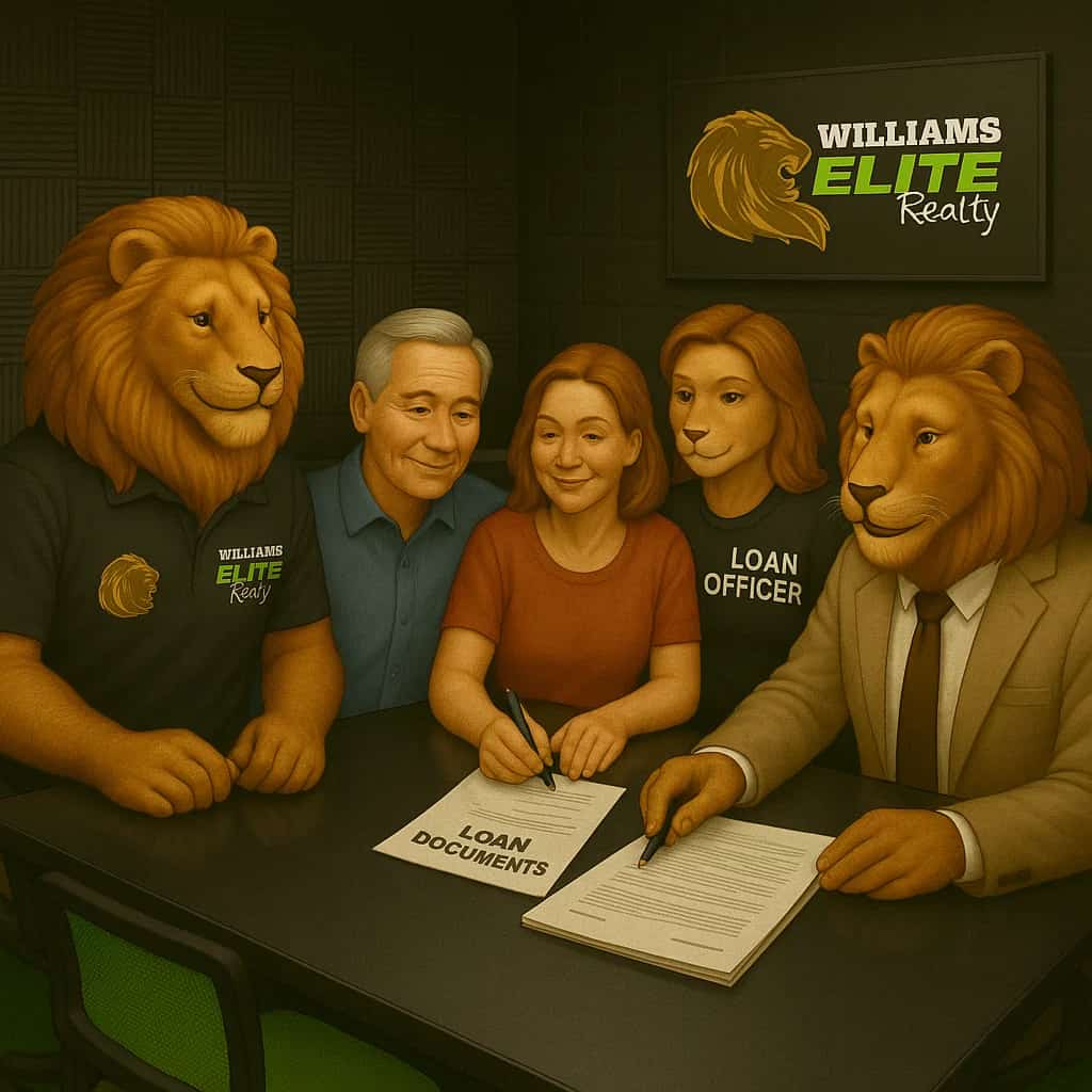 Illustration of Williams Elite Realty lion mascots with home buyers and a loan officer reviewing and signing loan documents at closing, representing the final steps of the Kentucky home buying process.