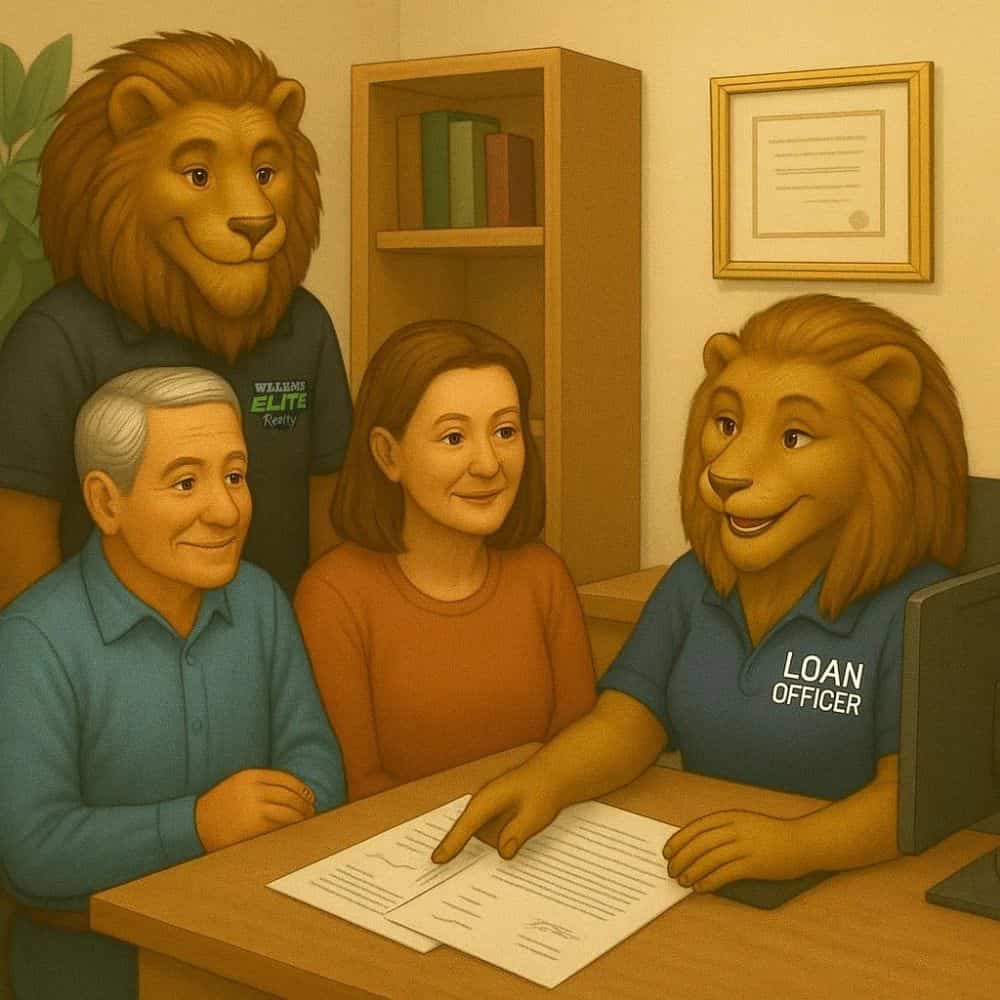 Illustration of Williams Elite Realty lion mascots with home buyers meeting a loan officer to review mortgage documents, representing the loan approval and underwriting stage of the Kentucky home buying process.