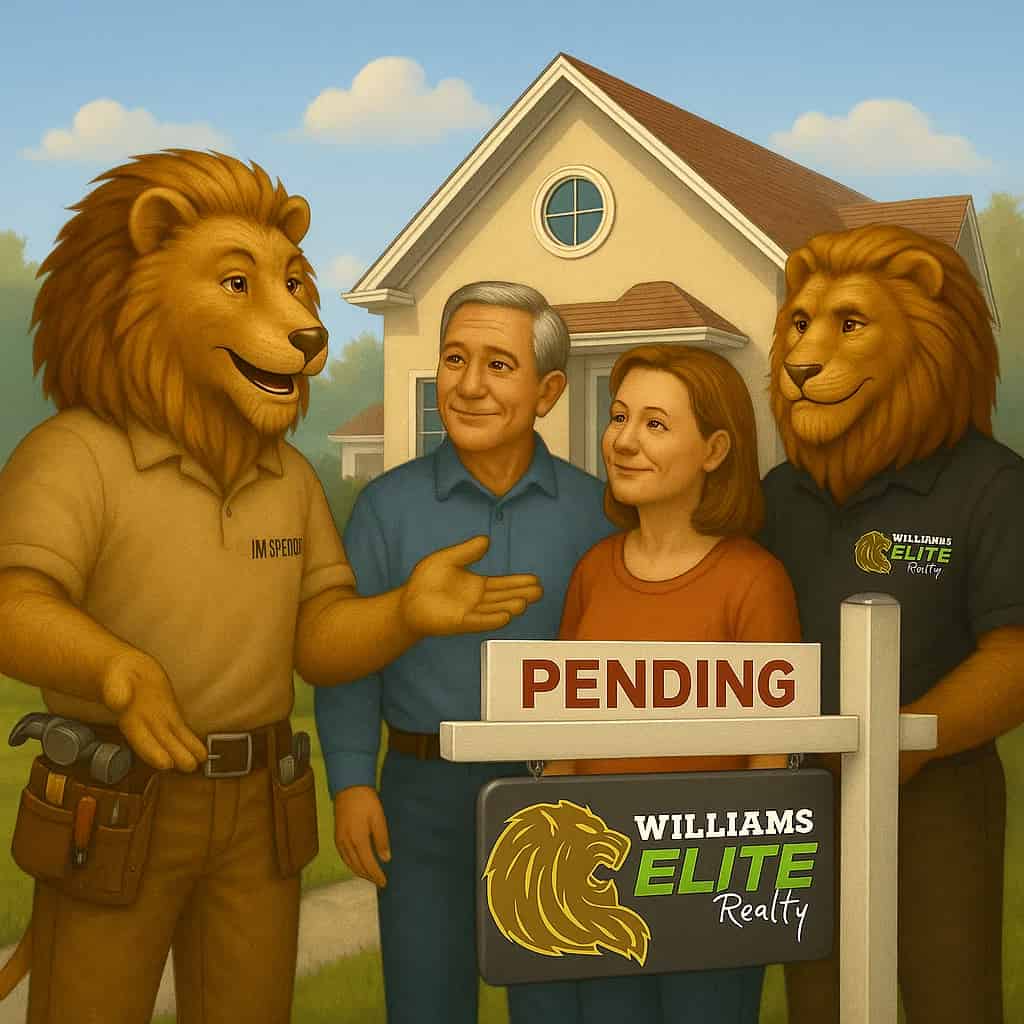 Illustration of Williams Elite Realty lion mascots with home buyers in front of a house and a Pending sign, symbolizing inspections, appraisal, and moving under contract in the Kentucky home buying process.