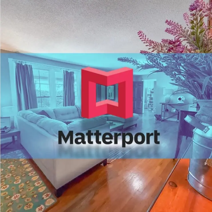 Living room interior with sectional sofa and ceiling fan overlaid with Matterport logo, promoting 3D virtual home tours by Williams Elite Realty in Kentucky