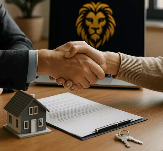 Real estate agent and client shaking hands over a contract with house keys and model home on the table, featuring Williams Elite Realty lion logo — symbolizing trust and expert real estate service in Kentucky