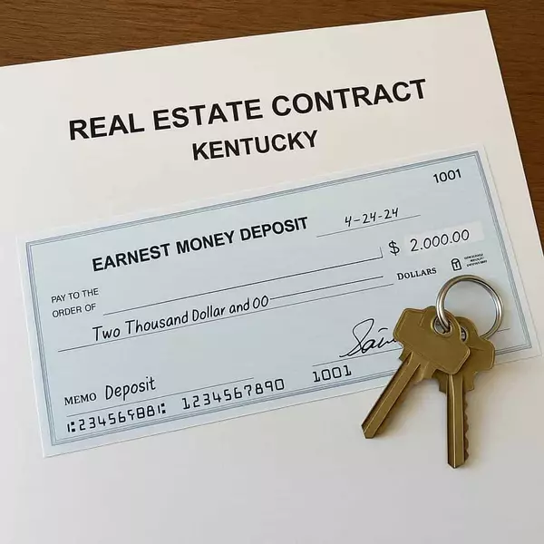Earnest money deposit shown with check and keys on real estate contract in Kentucky home purchase