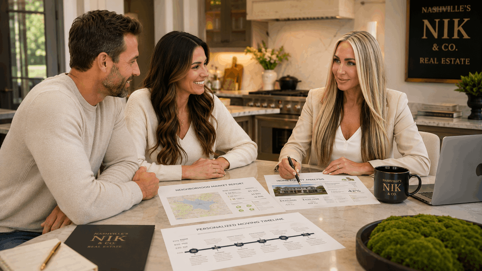 Luxury editorial photograph of a trusted Nashville REALTOR meeting with homeowners around a modern kitchen table, reviewing neighborhood market reports, home equity analysis, and a personalized moving timeline. Warm natural lighting, upscale home interior, sophisticated branding, premium real estate lifestyle photography, Forbes-quality, ultra-realistic, 16:9.