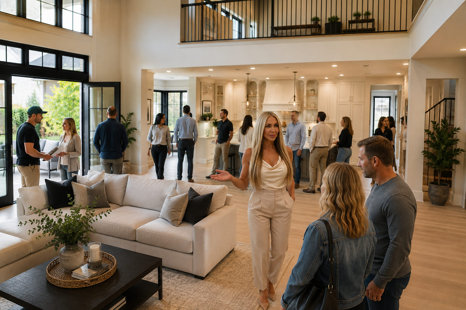 Luxury open house with multiple buyers touring the home