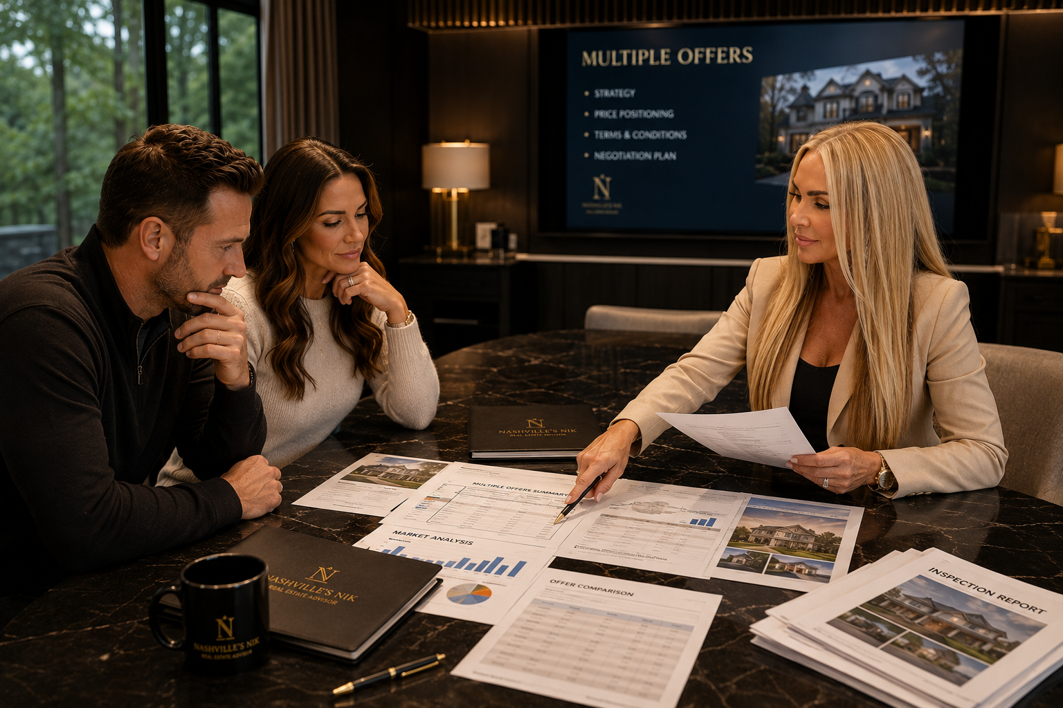 Luxury REALTOR negotiating multiple offers across a polished conference table with contracts, inspection reports, appraisal documents, and market analysis