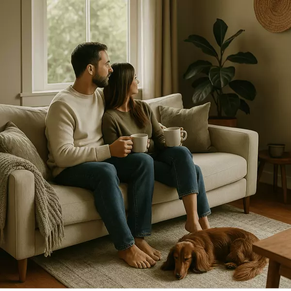 A cozy couple relaxing in a sunlit living room with warm earth tones and a dog, representing trust and comfort during the home buying process.