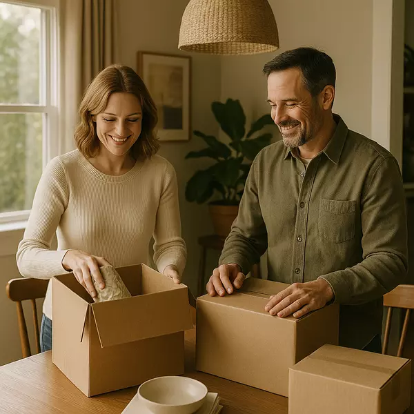A smiling couple packing boxes in a warmly lit dining room, symbolizing a positive and stress-free home selling experience.