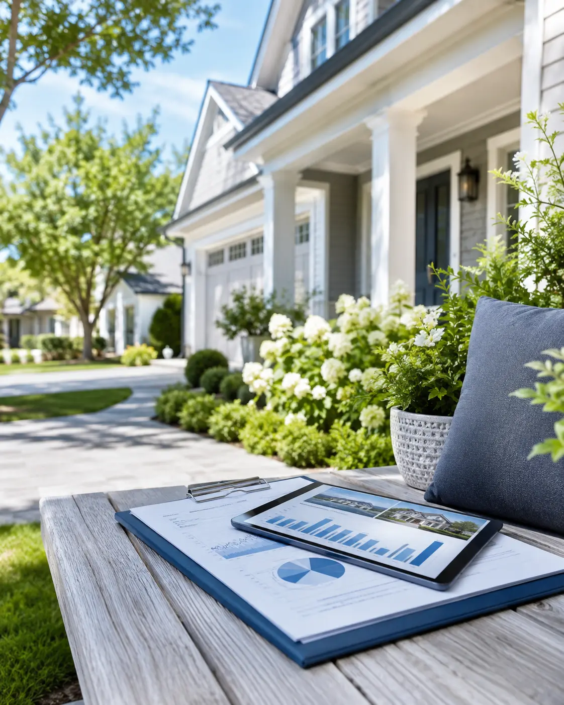 Data on a table in front of a house.