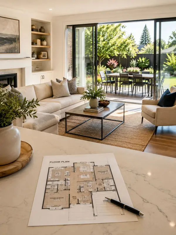 Floor plan on a counter, with a living room and patio in the background.