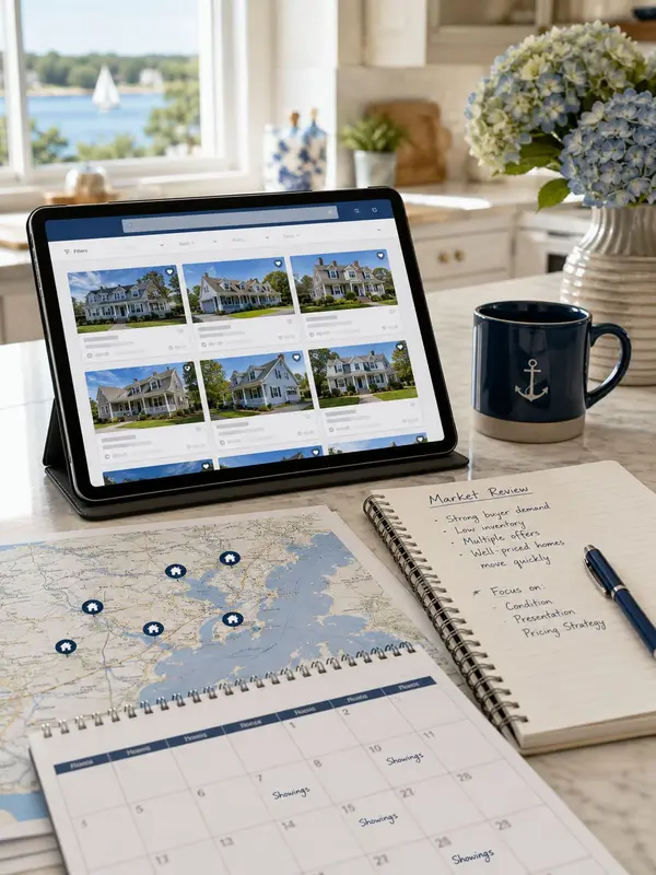Tablet showing listings, a calendar, and a notepad on a table with an anchor logo mug.