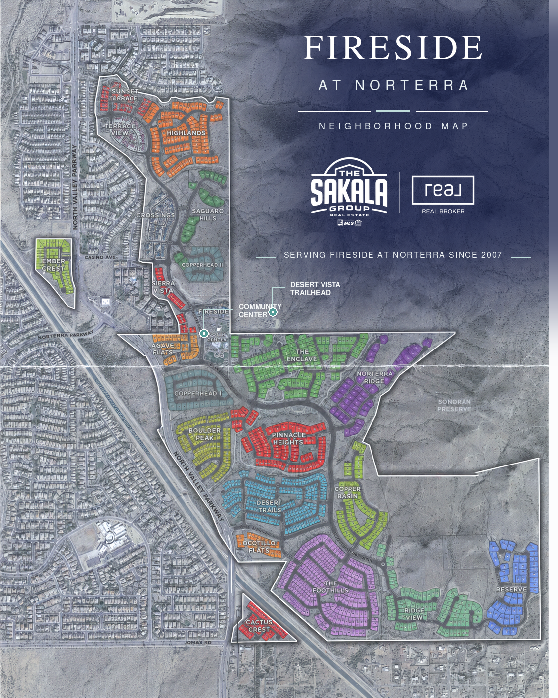 Fireside at Norterra neighborhood map showing residential pockets, community center and Desert Vista Trailhead in Phoenix AZ 85085