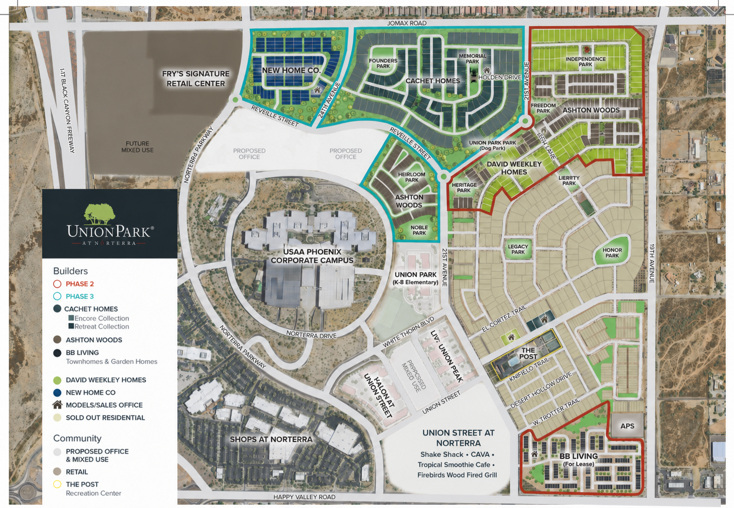 Union Park at Norterra neighborhood map showing builders, parks, Union Park K–8 School, Shops at Norterra and Union Street at Norterra.